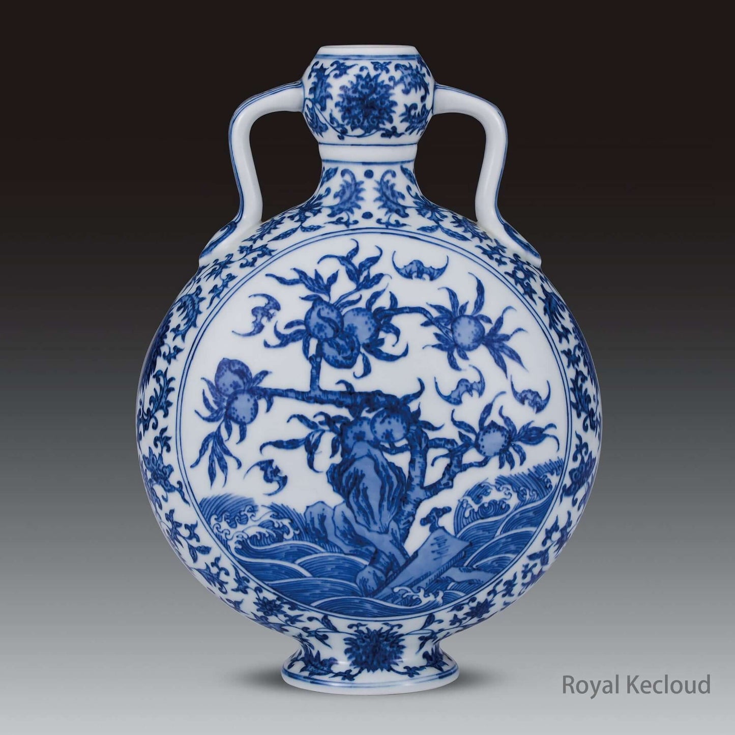 Imperial Porcelain Moon Flask featuring intricate blue and white designs inspired by Qing Dynasty artistry.