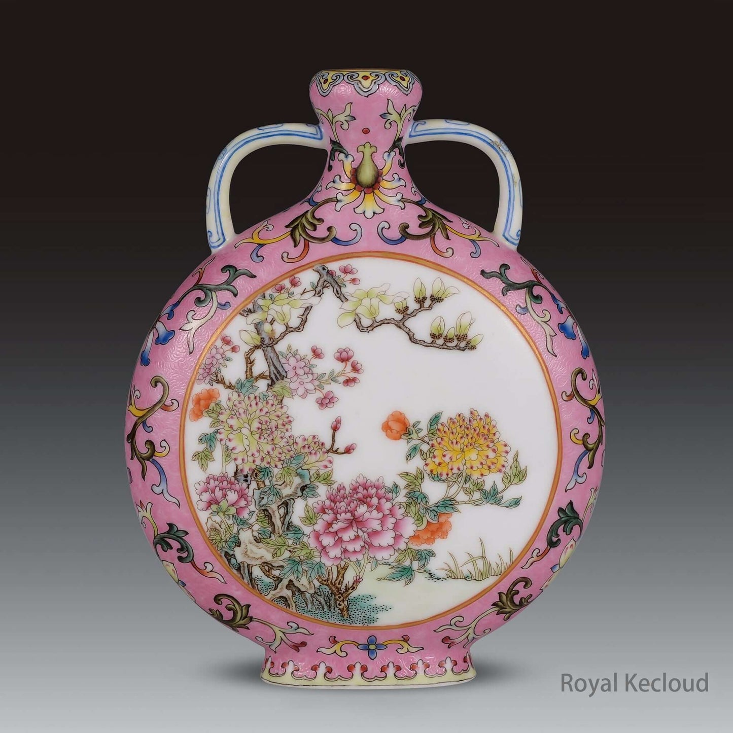 Imperial Porcelain Moon Flask featuring Famille Rose decoration with floral motifs, Qing Dynasty craftsmanship.