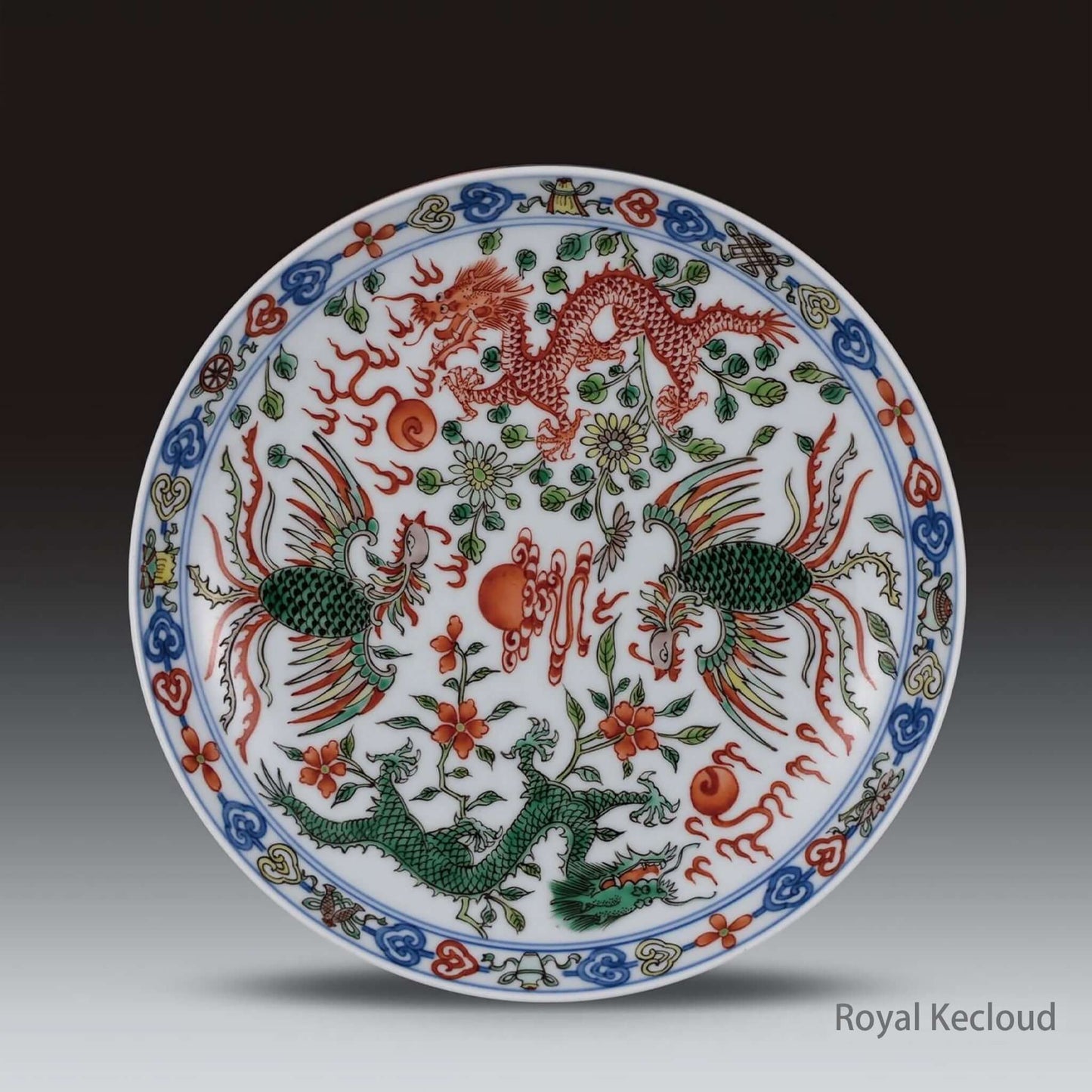 Wucai Porcelain Dish featuring a five-clawed dragon and phoenix, inspired by Qing Dynasty Qianlong artwork.