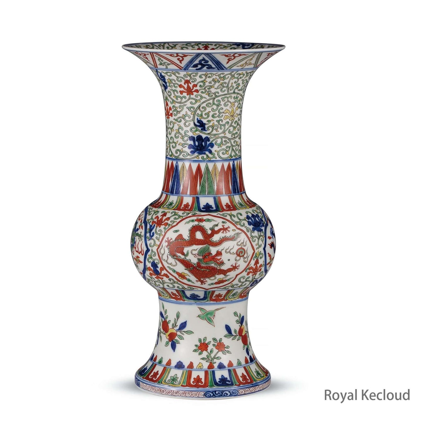 Wucai Porcelain Vase featuring five colors, Ming Dynasty Wanli style with dragon motifs and floral patterns.