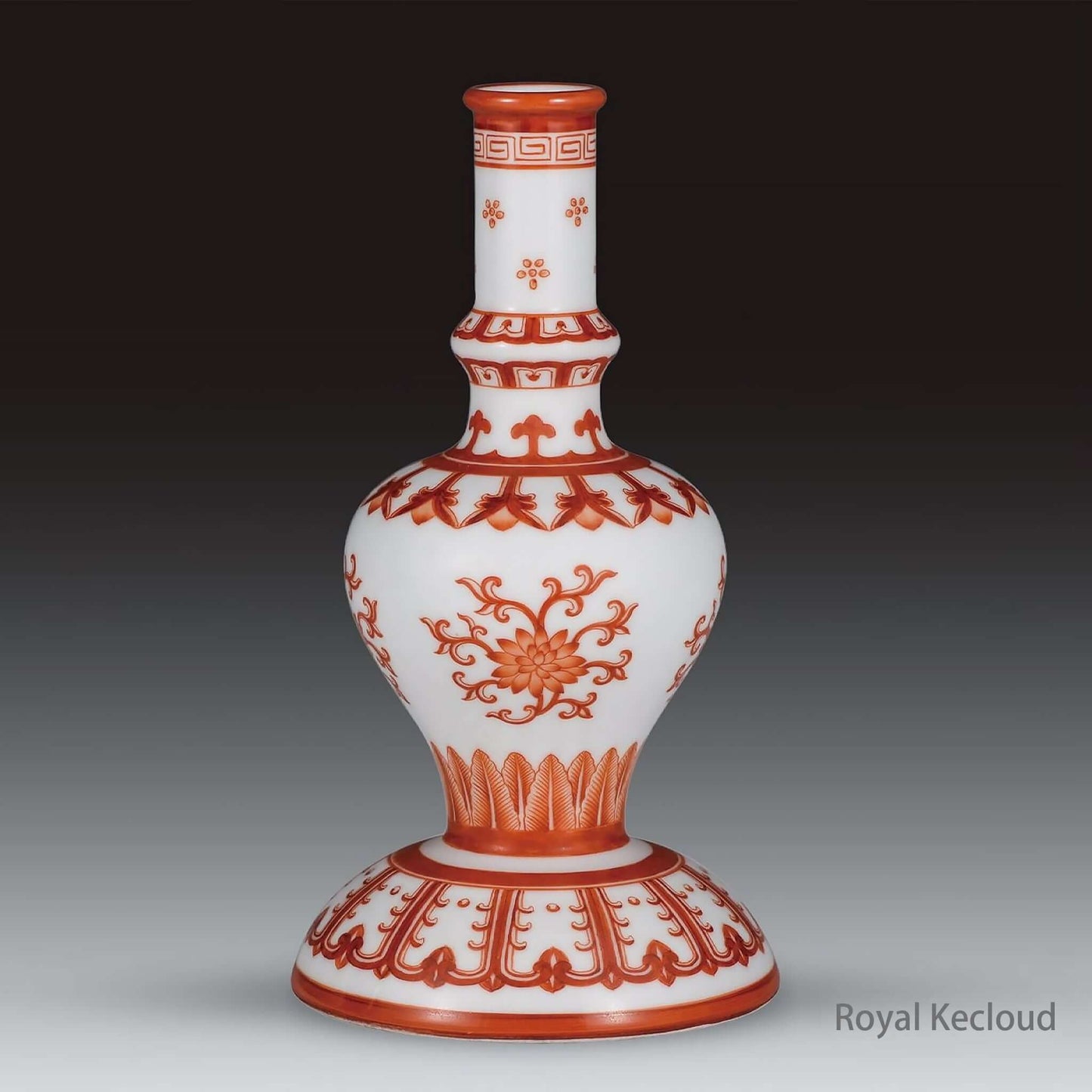 Imperial Ceramic Vase featuring Iron-Red lotus motif, inspired by Qing Dynasty craftsmanship and designed as a Holy Water vase.