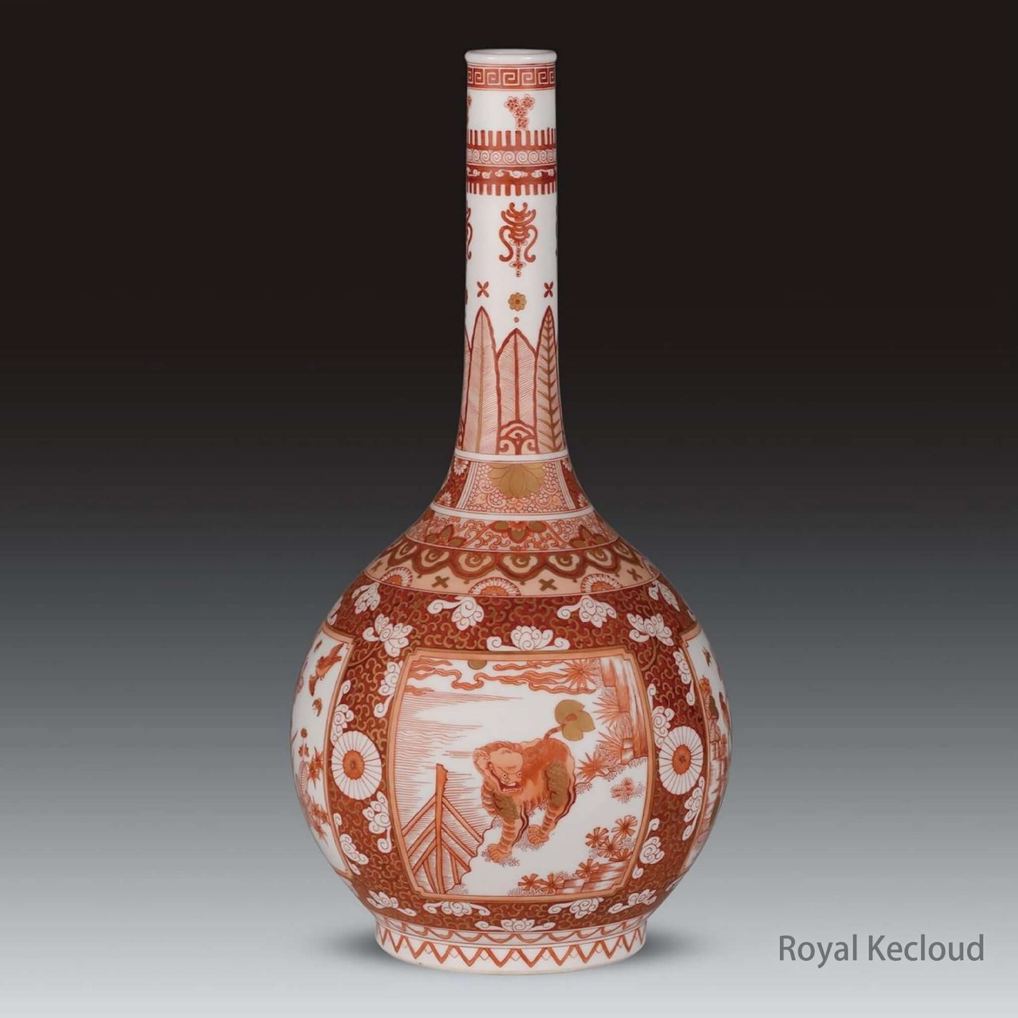 Chinese Porcelains Imperial Porcelain Vase featuring red ornamentation and a design of a boy and flowers.