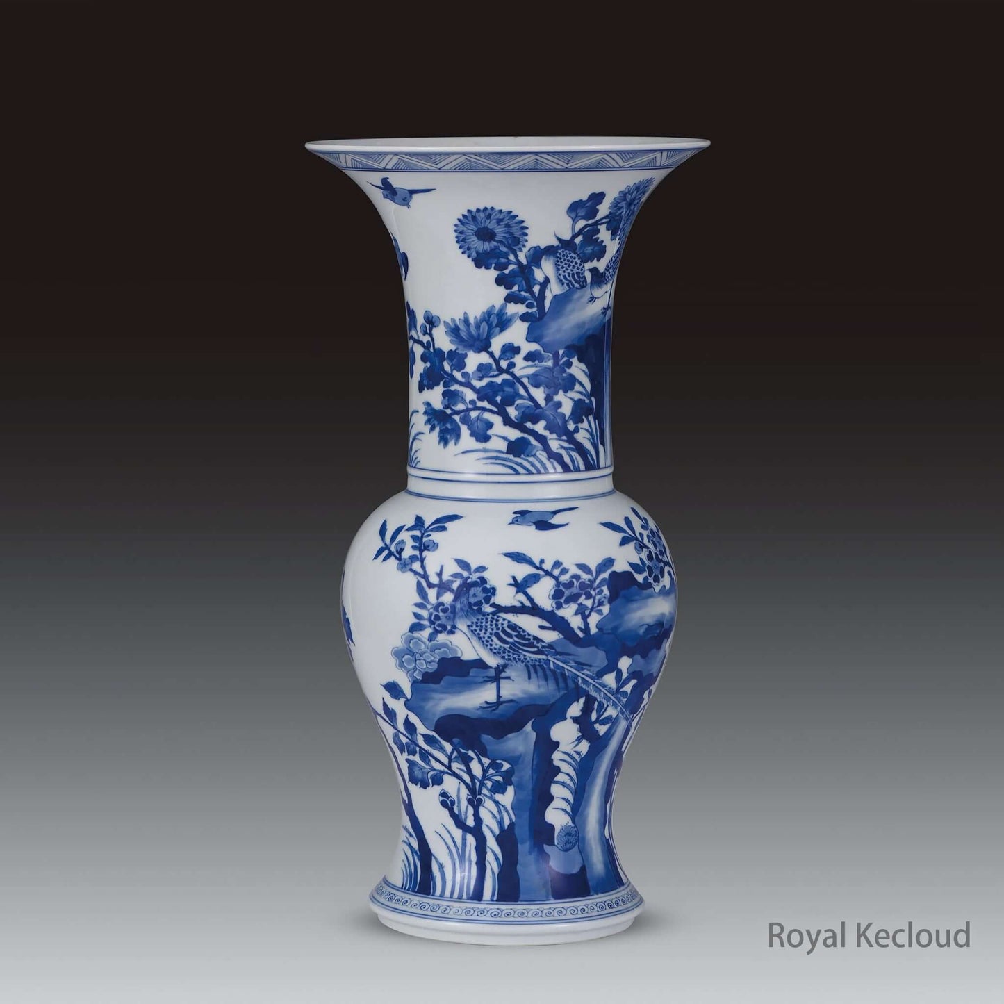 Blue and White Ceramic Vase showcasing intricate floral designs, symbolizing Qing Dynasty Emperor Kangxi's artistry.