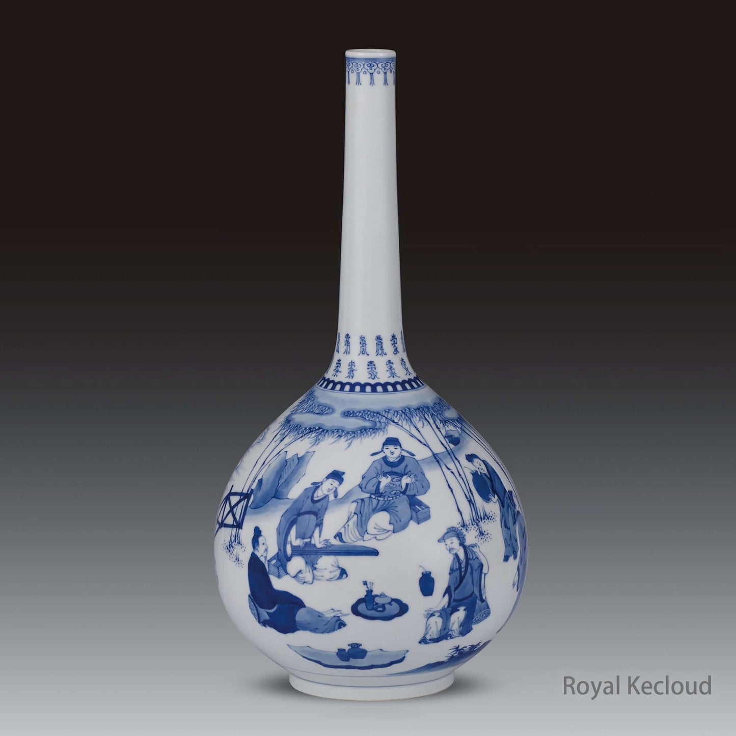 Chinese Porcelains Blue and White Porcelain Vase depicting the Seven Scholars Scene from the Qing Dynasty.