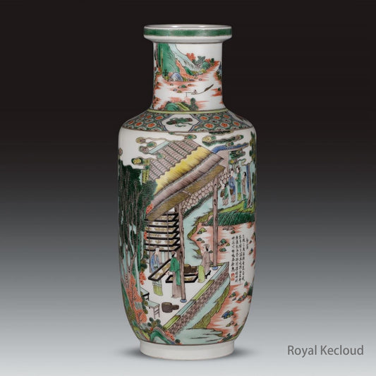 Imperial Porcelain Vase | Qing Dynasty Kangxi | Wucai ‘Silk Production’ Rouleau Vase