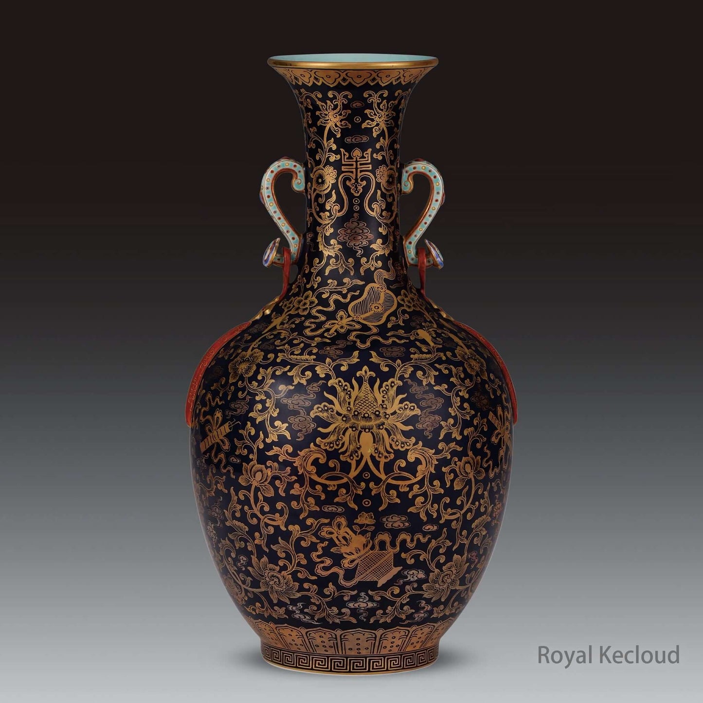 Imperial Ceramic Vase from Qing Dynasty Qianlong with blue-ground double-ear design and intricate gilt motifs.