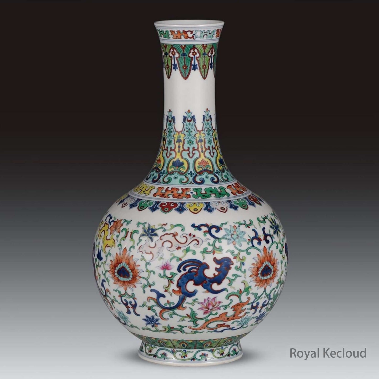 Doucai Ceramic Vase showcasing intricate lotus scrolls and vibrant colors in Qing Dynasty style.