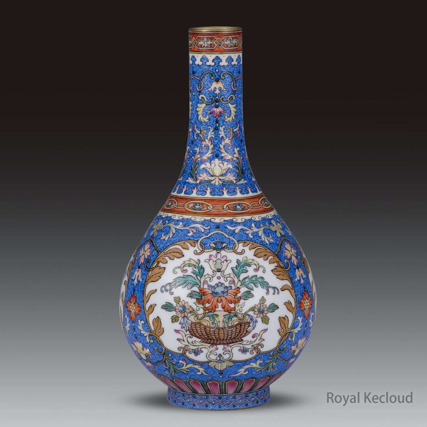 Enamel Ceramic Vase with blue ground and hand-painted blossoms, inspired by Qing Dynasty Emperor Qianlong.