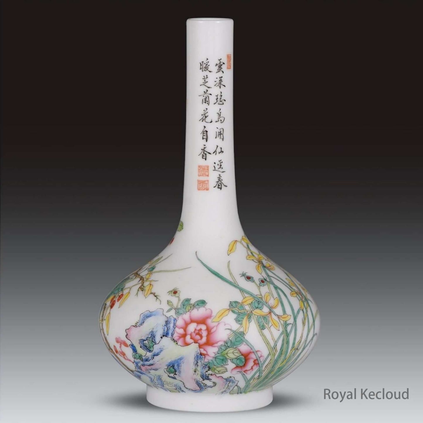 Enamel Ceramic Vase featuring vibrant floral design inspired by Emperor Qianlong's artistic legacy.