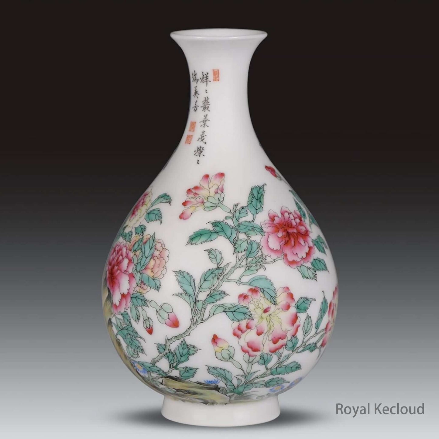 Famille Rose Porcelain Vase featuring Peony Yuhuchunping design by Emperor Qianlong, showcasing elegant floral artistry.
