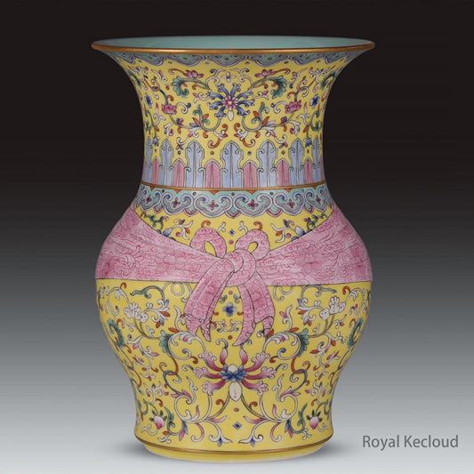 Imperial Porcelain Vase | Qing Dynasty Qianlong | Yellow-Ground Famille Rose ‘Cloth-Wrapper’ Design