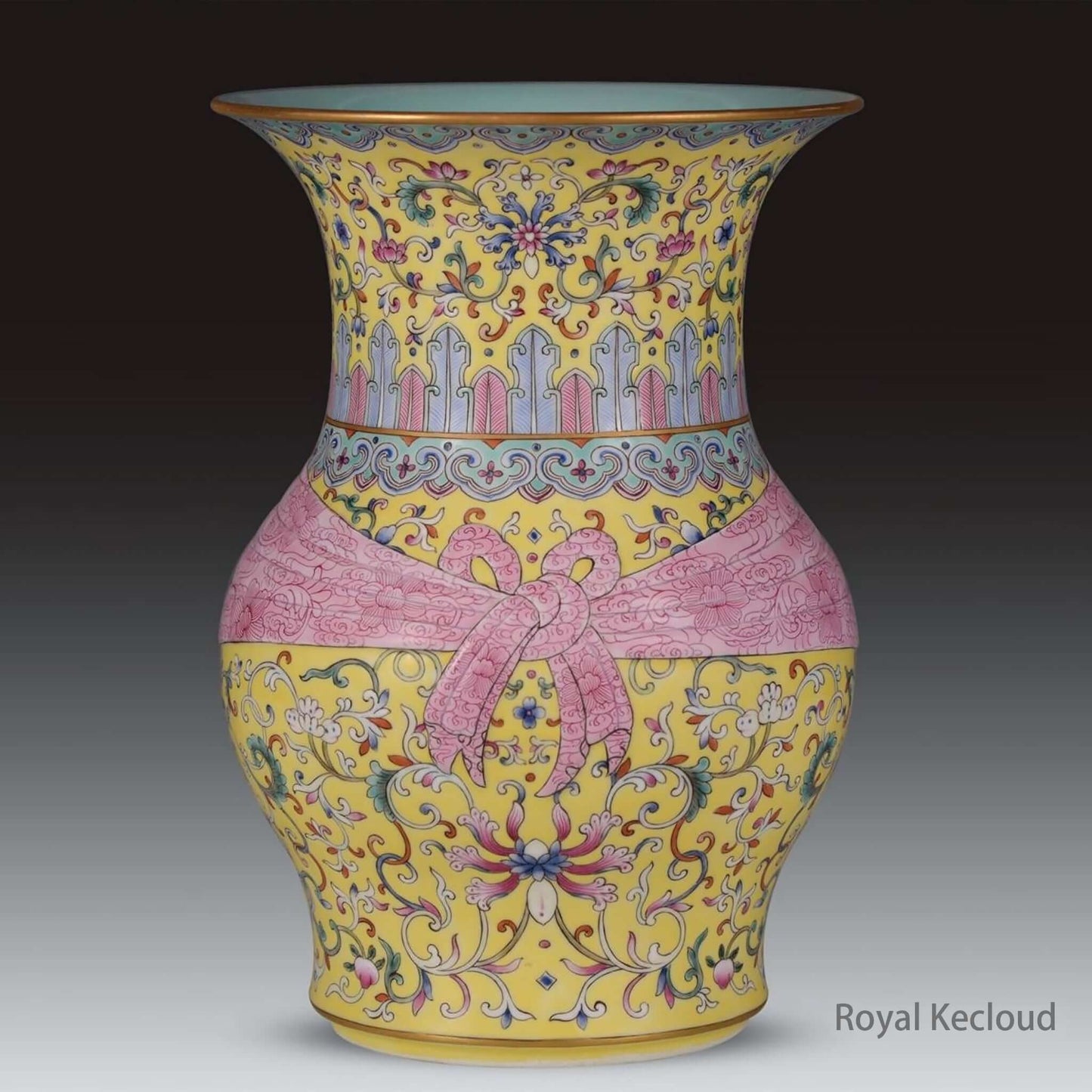 Imperial Famille Rose Porcelain Vase with yellow ground and cloth-wrapper motif, Qing Dynasty craftsmanship.