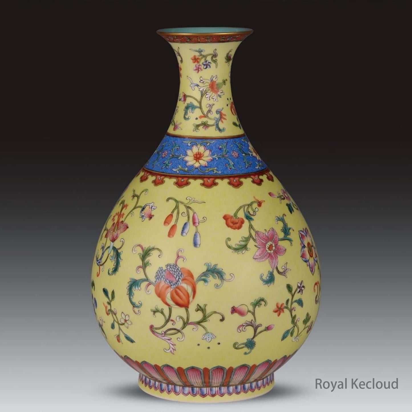 Yangcai Porcelain Vase showcasing exquisite floral designs on a vibrant yellow background.