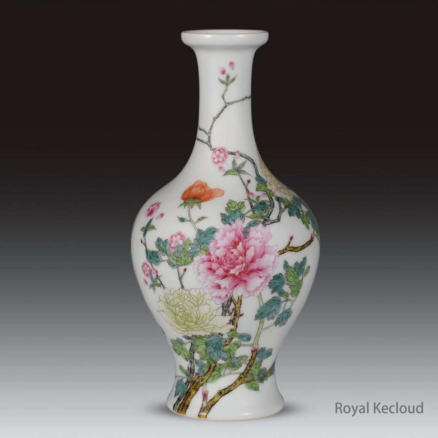Chinese Ceramics Famille-Rose Ceramic Vase showcasing a peony design from the Qing Dynasty.