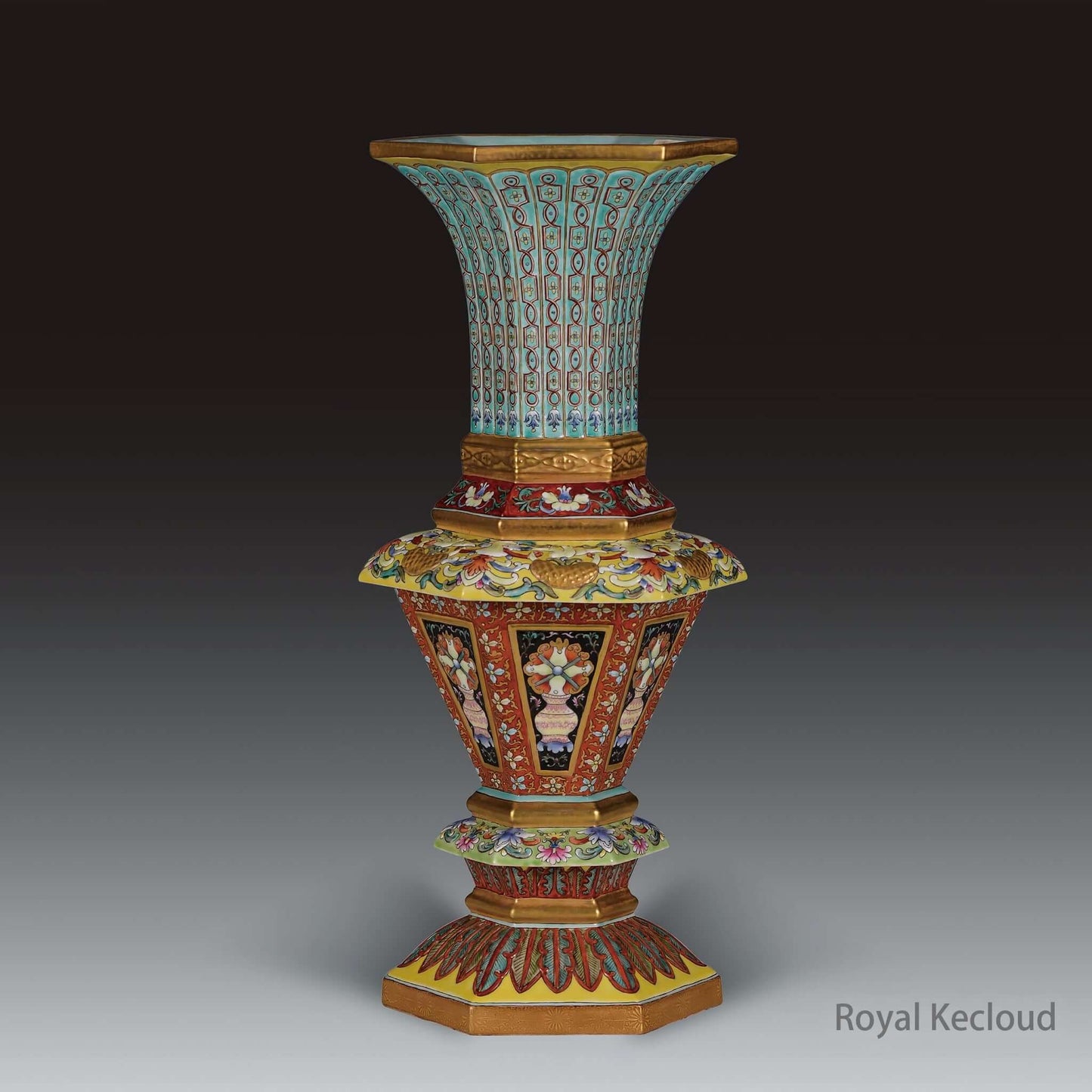 Enamel Hexagonal Porcelain Vase showcasing Qing Dynasty Yongzheng artistry with imperial yellow and intricate designs.