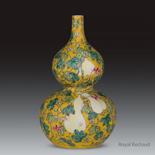 Imperial Porcelain Vase | Qing Dynasty Yongzheng | Yellow-ground Famille Rose Double-gourd Vase