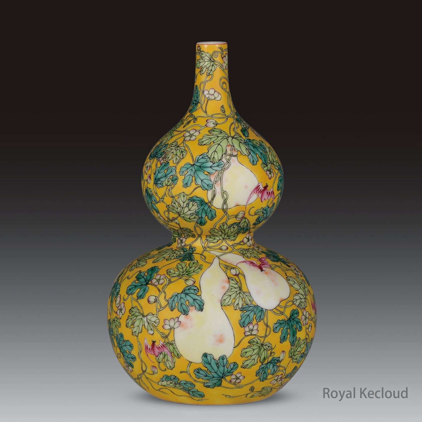 Imperial Porcelain Vase in Famille Rose double-gourd shape with vibrant yellow ground and floral designs.