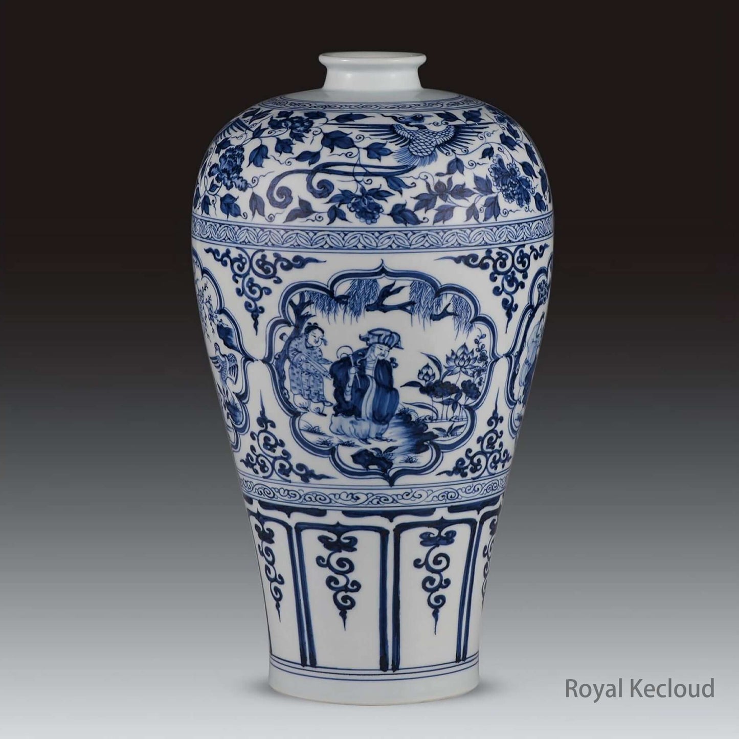 Blue and White Porcelain Vase showcasing intricate Yuan Dynasty designs and Meiping silhouette.