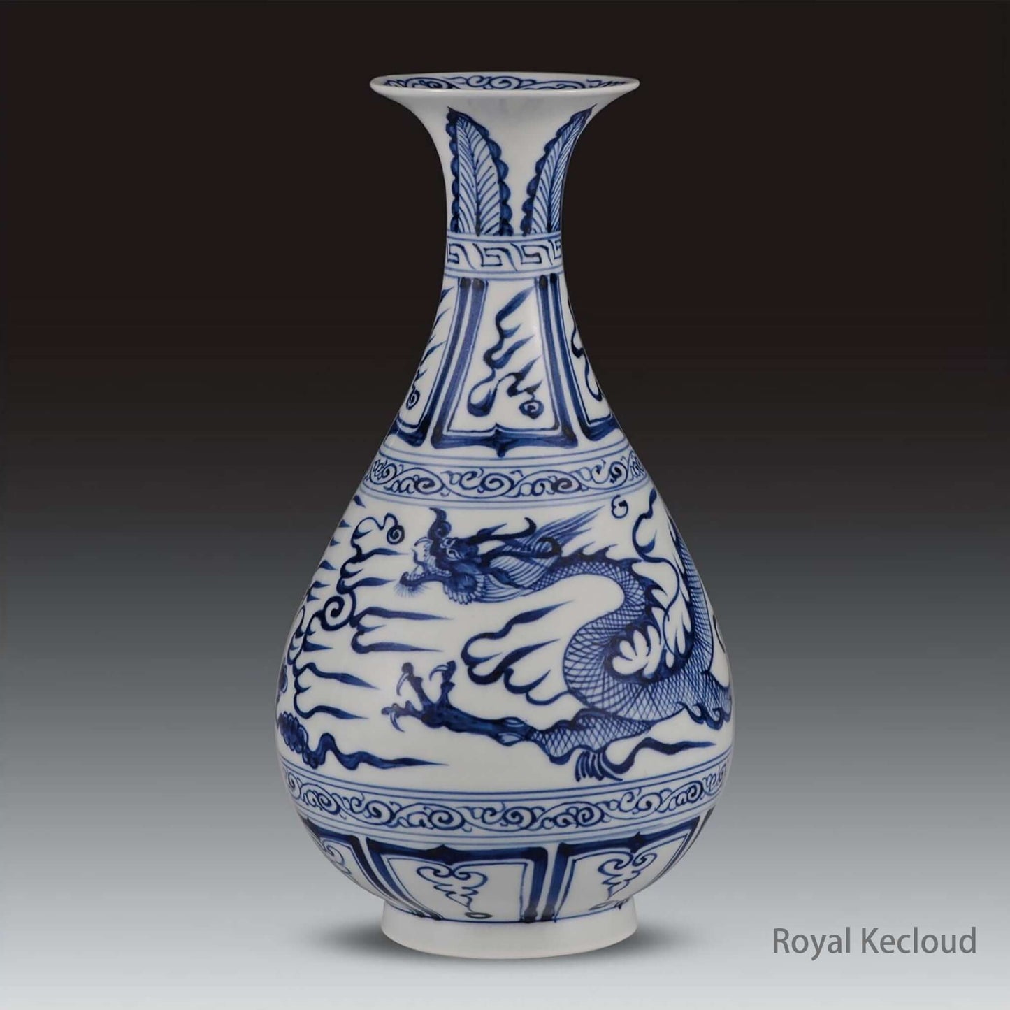 Blue and White Porcelain Vase showcasing a five-clawed dragon, embodying Yuan Dynasty artistry and Yuhuchunping form.