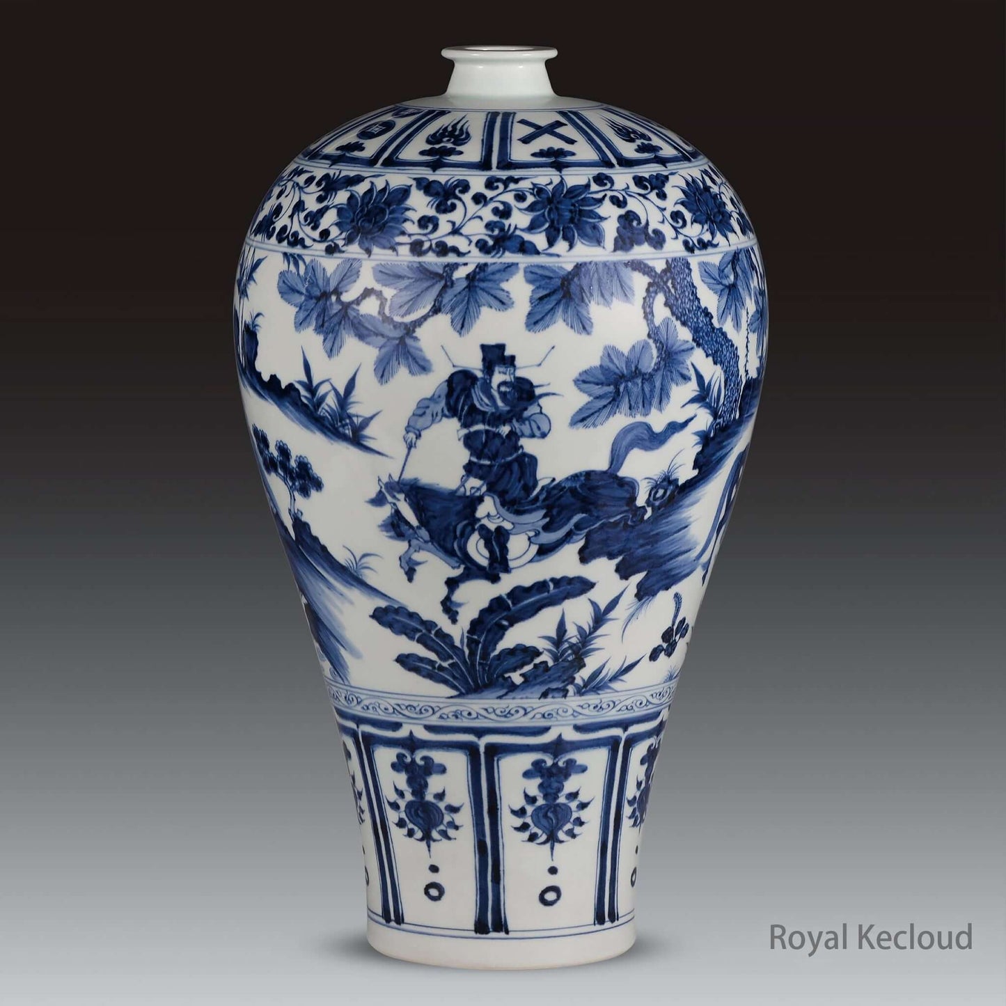 Blue and White Porcelain Vase depicting Yuan Dynasty scenes with prunus blossoms and narrative artistry.