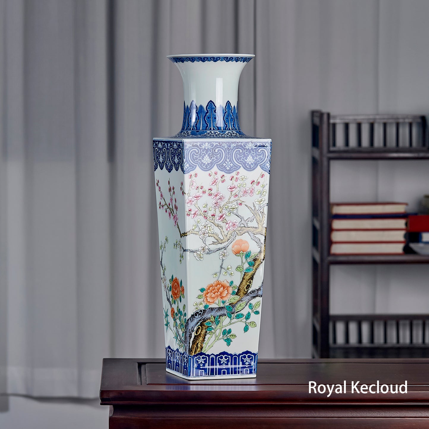 Imperial Qing Dynasty Blue and White Famille Rose ‘Florals’ Square Shaped Vase