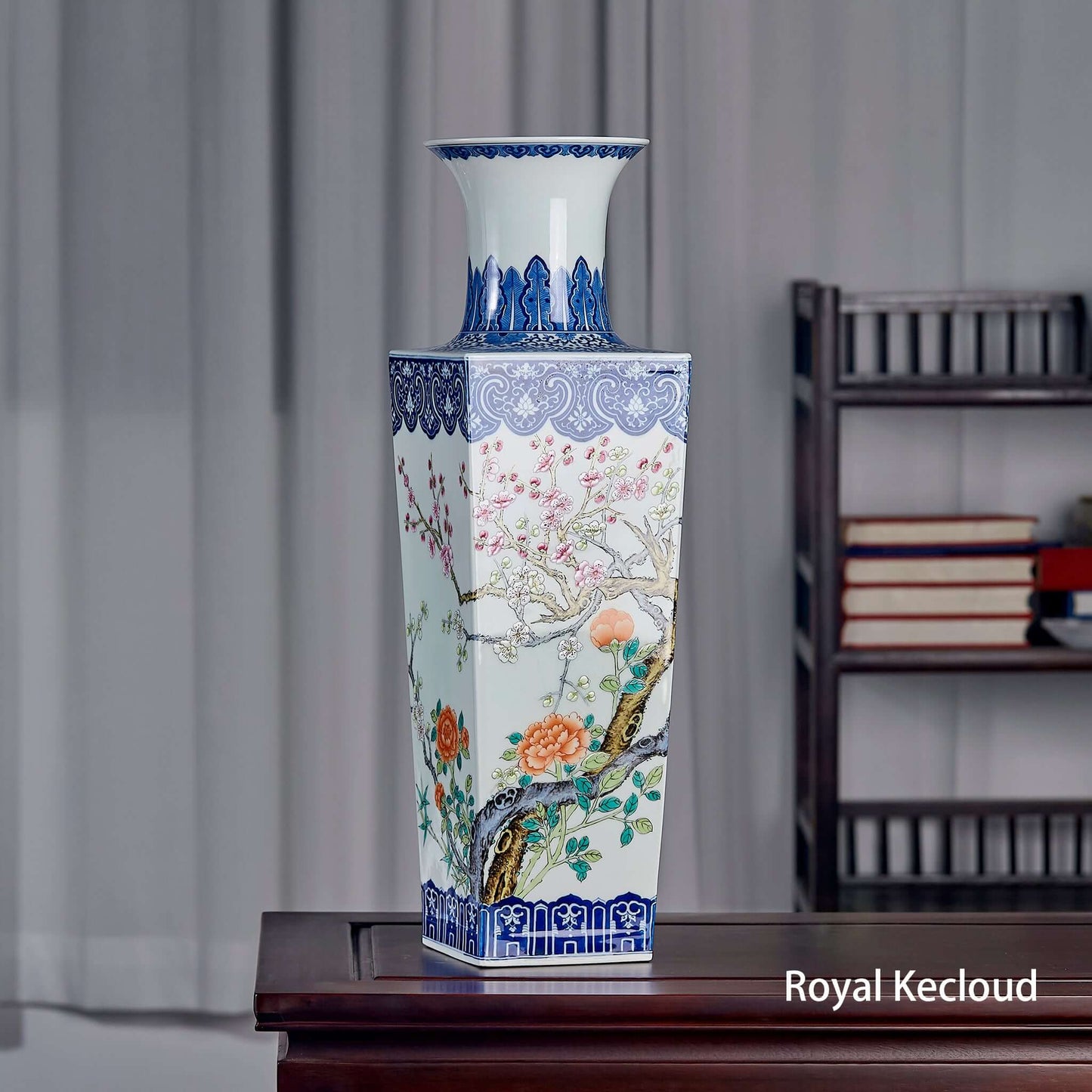 Famille Rose porcelain Vase featuring square-shaped florals, inspired by Qing Dynasty design.