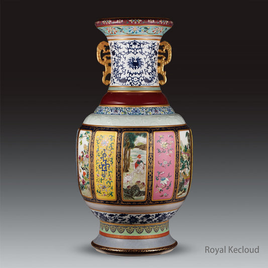 Imperial Queen Porcelain Vase | Qing Dynasty Qianlong | Duo-Handled Massive Multi-Framing Fortune Vase