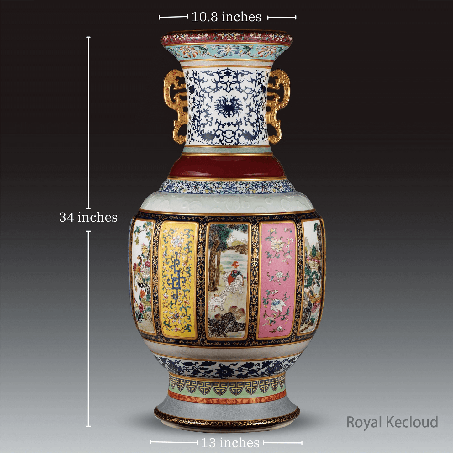 Queen of Porcelain monumental vase with multi-framing fortune design, 34 inches tall, reflecting Qing Dynasty art.