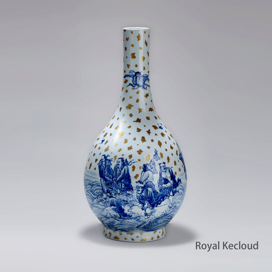Pear-shaped white and blue royal porcelain bottle vase with Eight Immortals design in blue tones and gilt decoration.