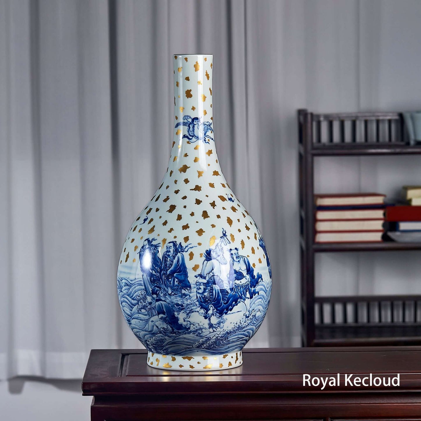 Porcelain Bottle Vase pear-shaped featuring Eight Immortals design in cobalt-blue with gilt highlights.