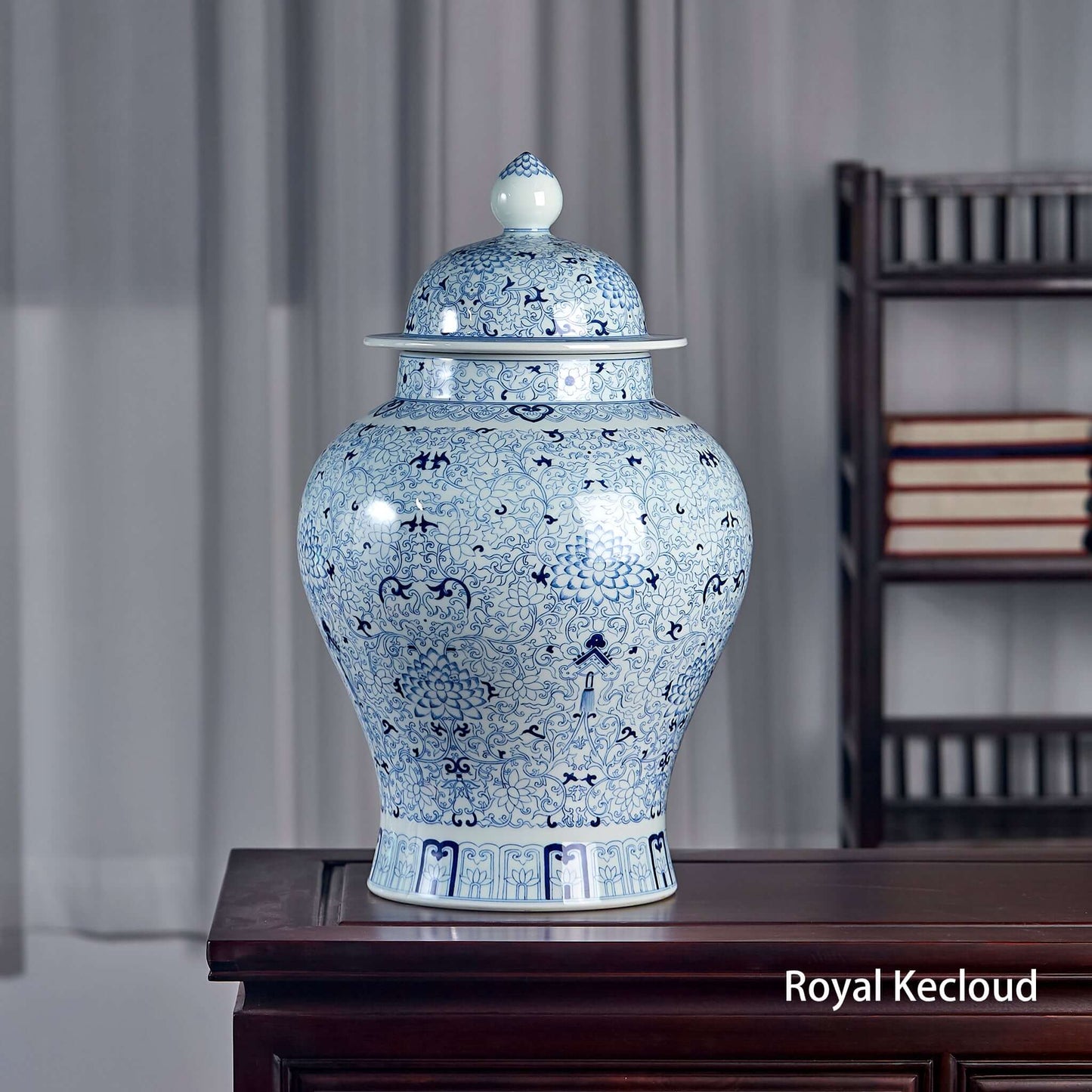 Imperial Porcelain Vase in blue and white design, inspired by Qing Dynasty craftsmanship and featuring intricate patterns.