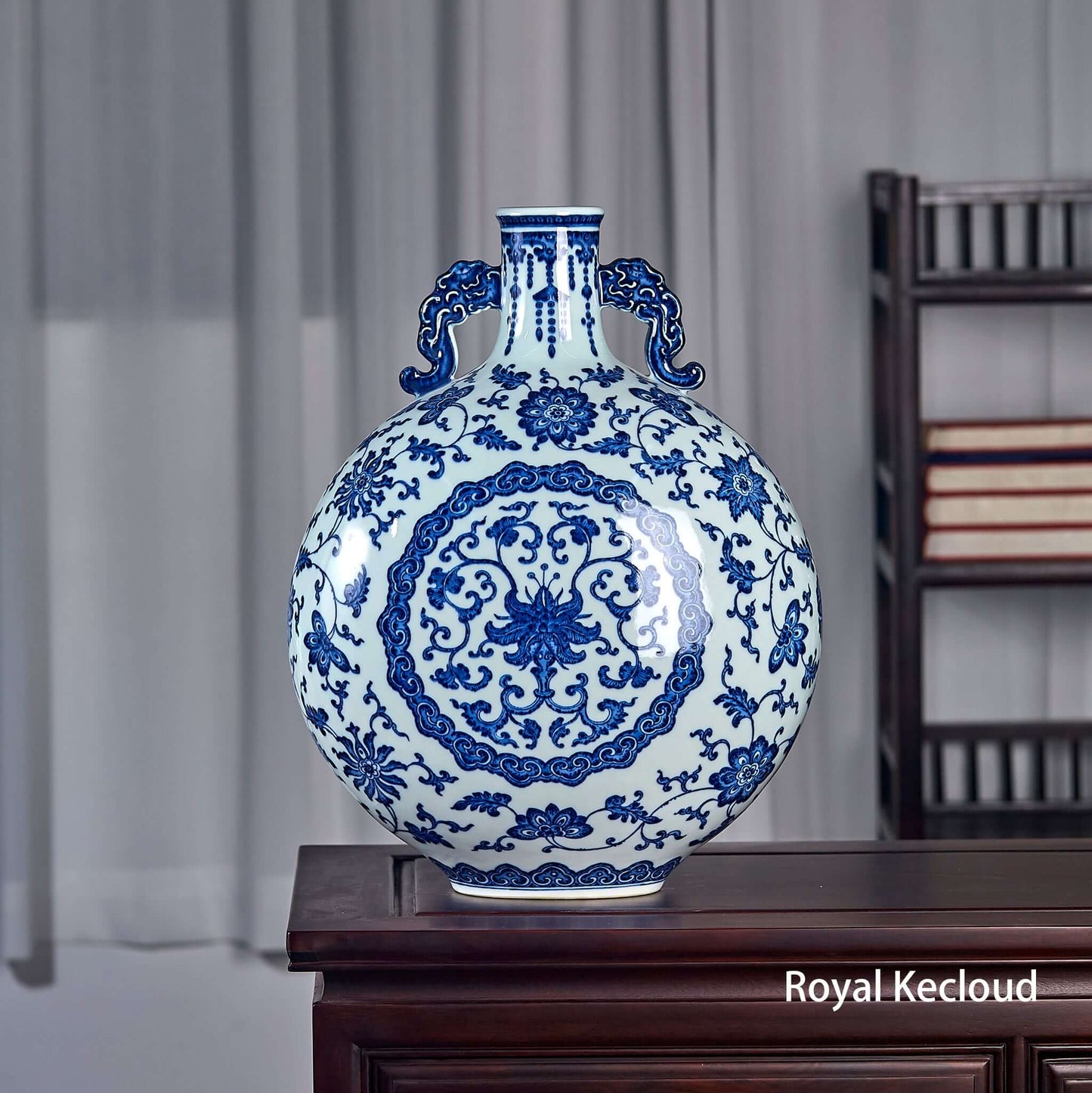 Blue and white moon flask showcasing intricate designs and royal craftsmanship inspired by Qing Dynasty aesthetics.