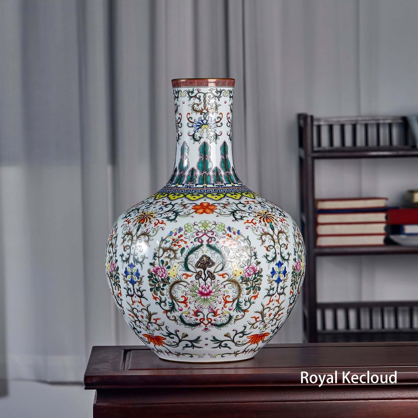 Famille Rose Porcelain Vase featuring intricate floral designs and an elegant TianQiuPing silhouette.