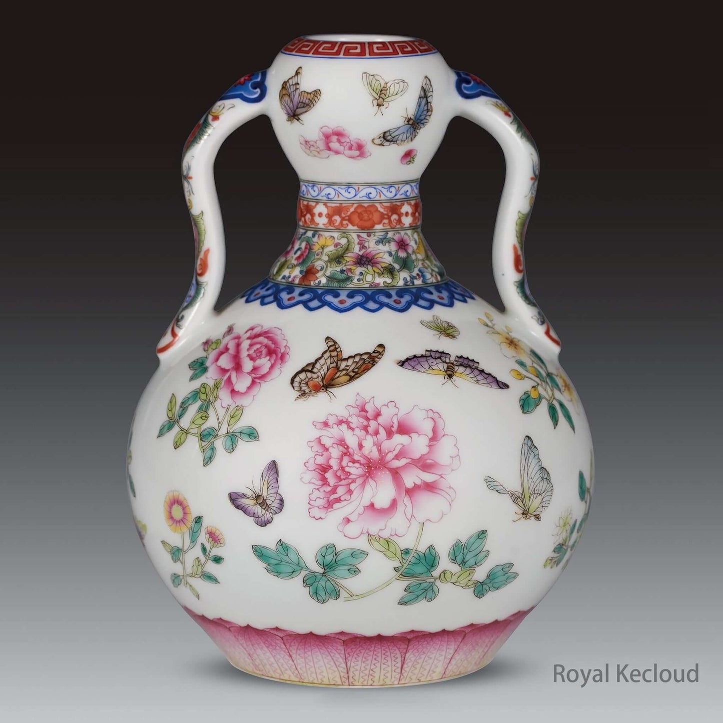Imperial Porcelain Vase featuring intricate floral and butterfly designs, showcasing Qing Dynasty Qianlong craftsmanship.