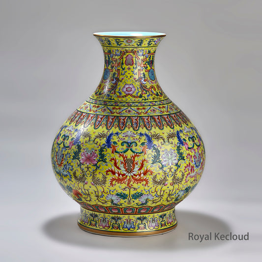 Qing Dynasty Yellow-Ground Famille Rose ‘Florals’ Porcelain Vase (Yuhuchun) – Qianlong Emperor