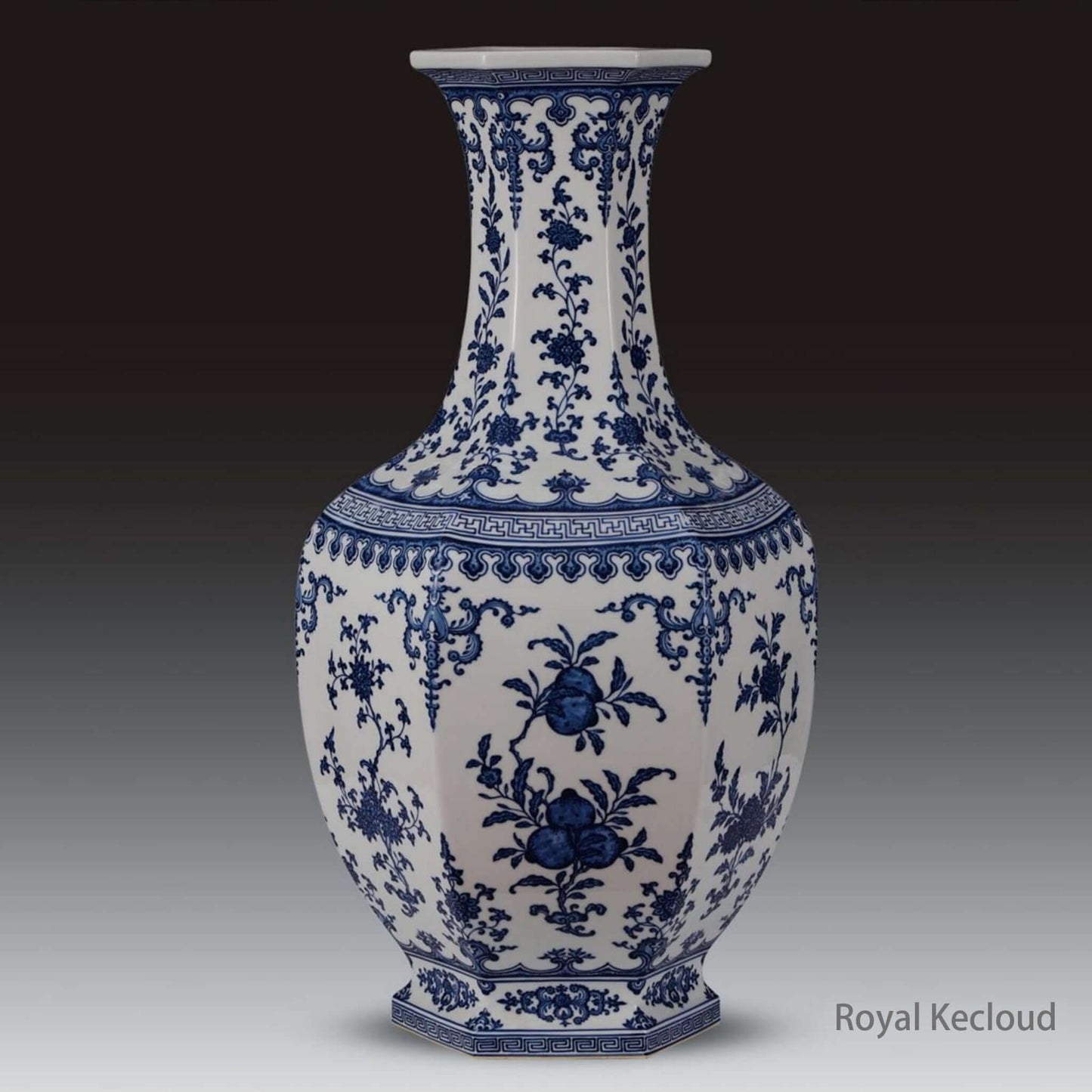 Blue and White Ceramic Vase featuring Qianlong craftsmanship and Sanduo motif, in elegant hexagonal shape.