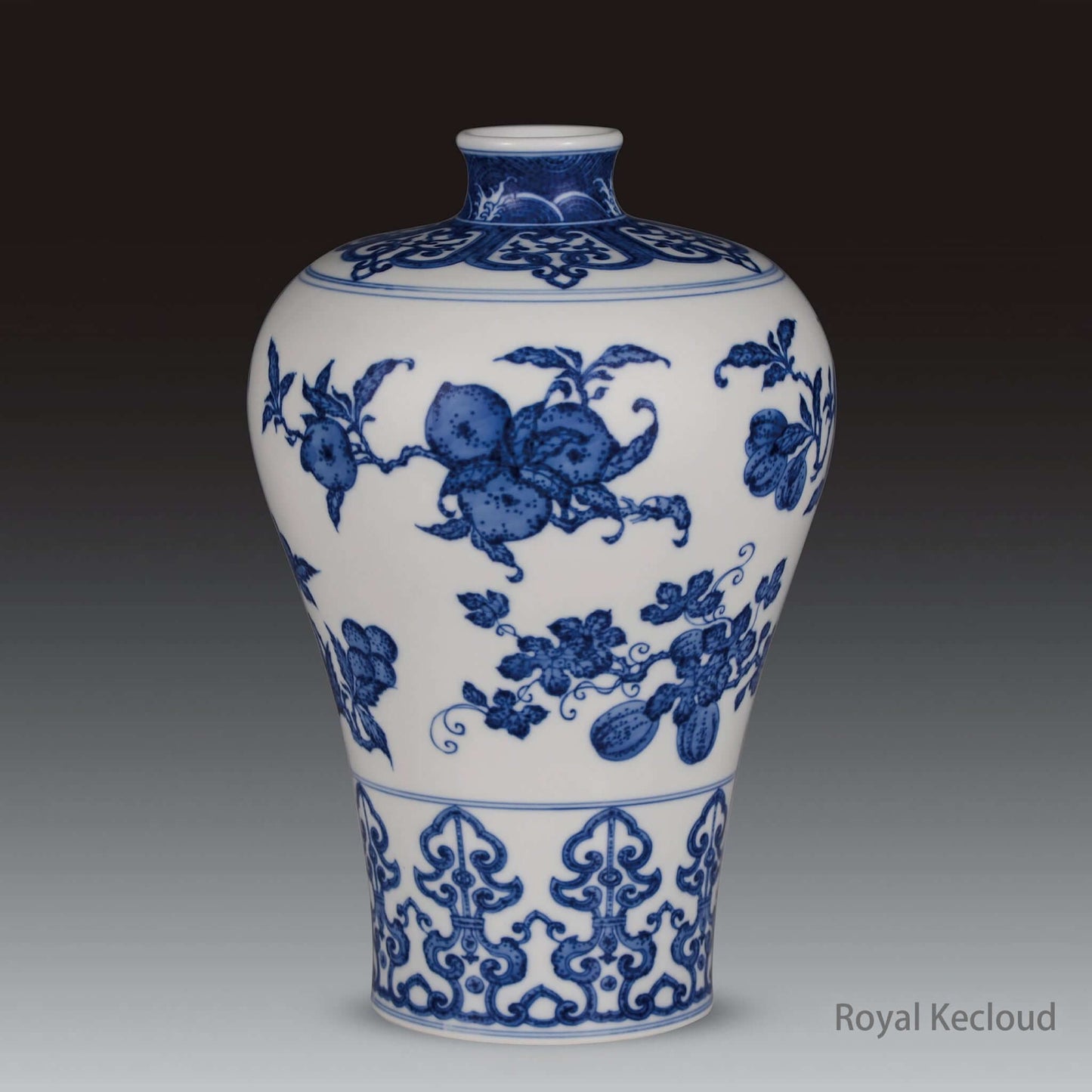Blue and White Ceramic Vase showcasing intricate floral designs, reflecting Qing Dynasty artistry and the Meiping form.
