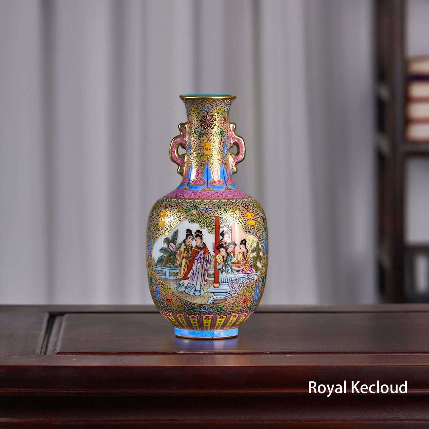 Enamel Porcelain Vase featuring graceful court ladies in vibrant colors, inspired by Qing Dynasty enamelware.