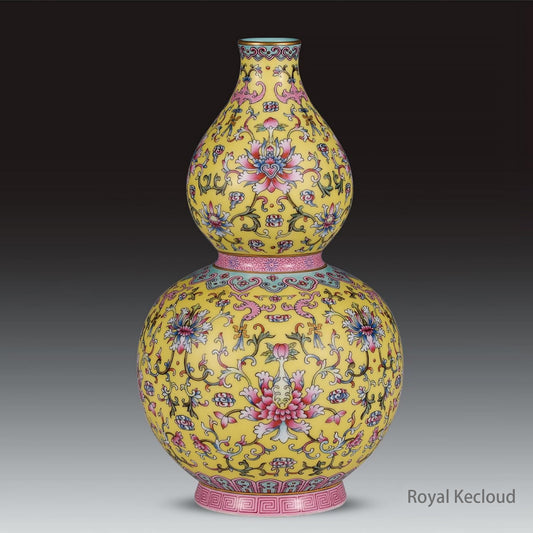 Royal Porcelain Bottle | Qing Dynasty Qianlong | Yellow-Ground Famille Rose ‘Lotus’ Gourd