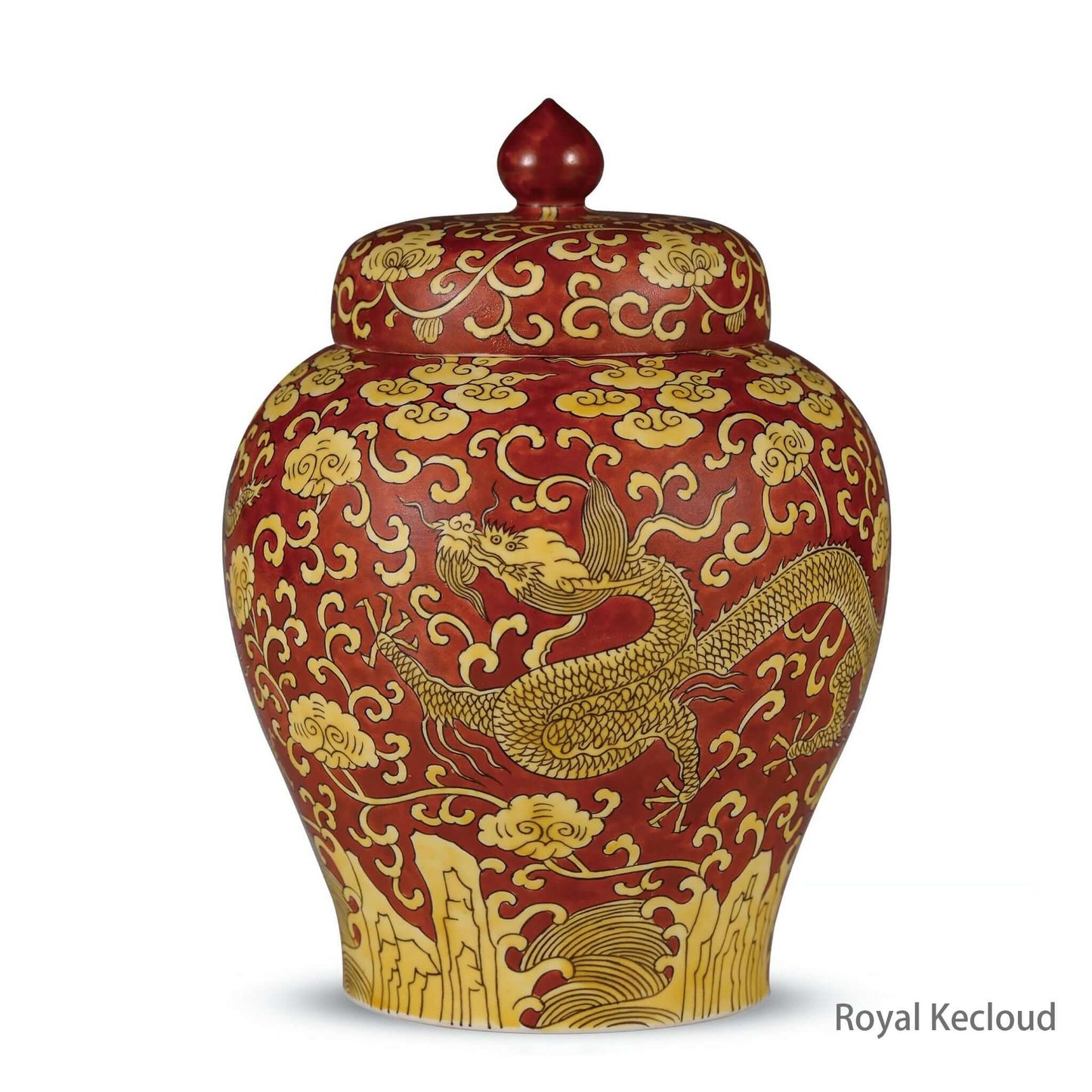 Imperial Porcelain Jar featuring imperial dragons in yellow on a red ground, symbolizing Ming Dynasty Jiajing elegance.
