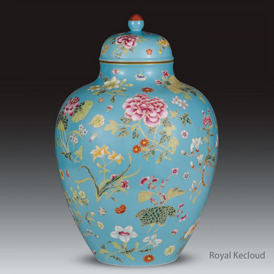 Royal Porcelain Jar and Cover | Qing Dynasty Qianlong | Turquoise-Ground Famille Rose ‘Floral’