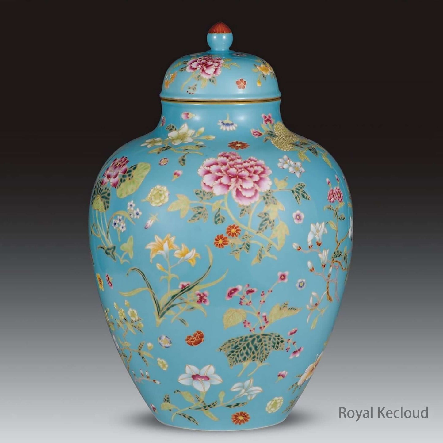 Imperial Porcelain Jar featuring Famille Rose design with turquoise background and floral motifs.