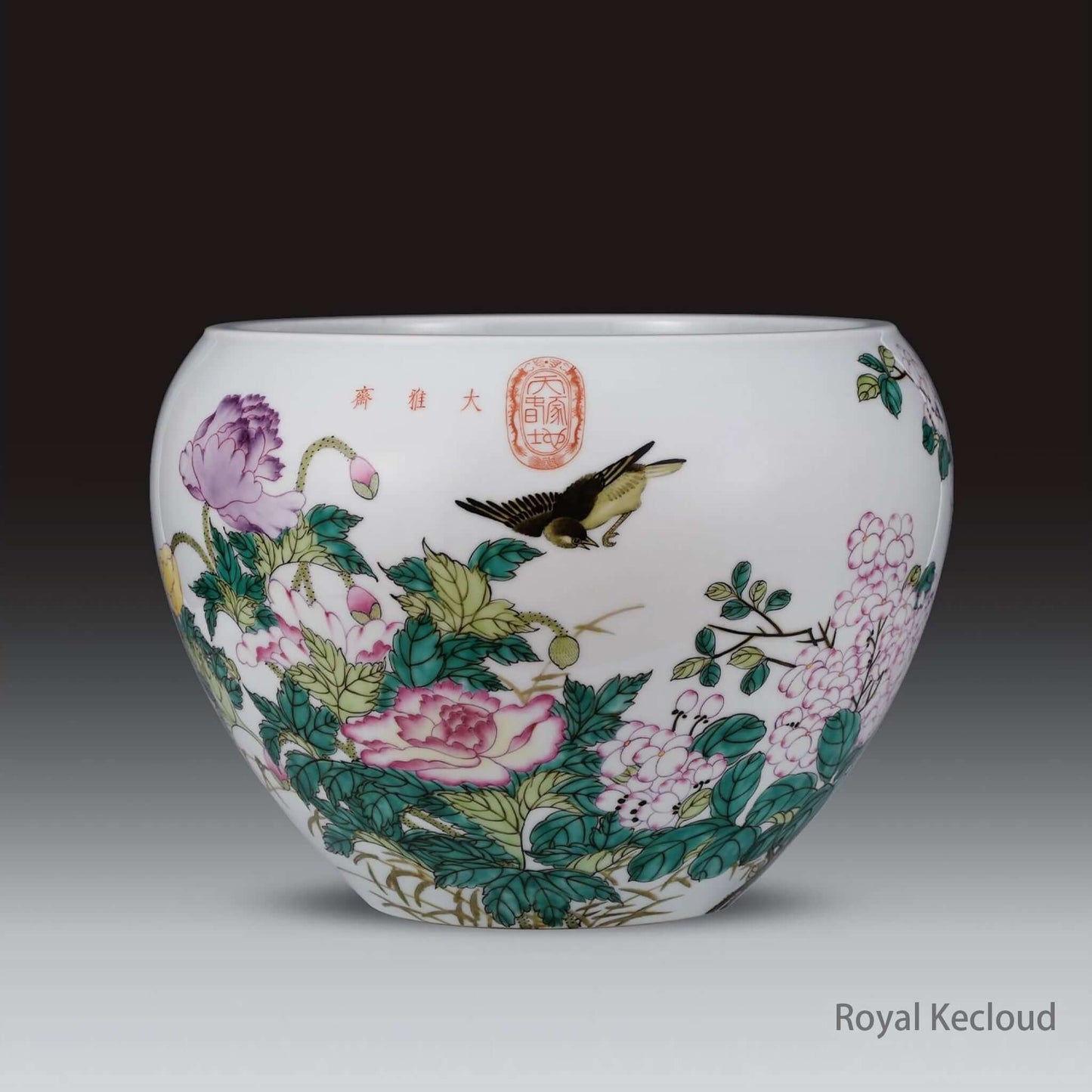 Royal Ceramic Jardinière featuring peonies and hydrangeas, inspired by Qing Dynasty floral artistry.