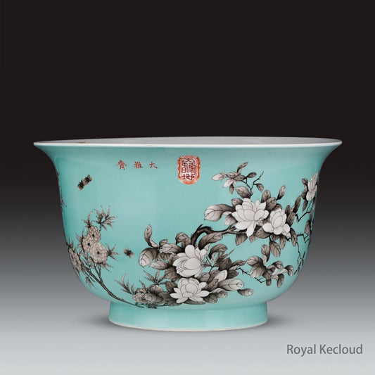 Royal Porcelain Jardinière | Qing Dynasty Guangxu | Turquoise-Ground ‘Gardenia and Peach Blossom’