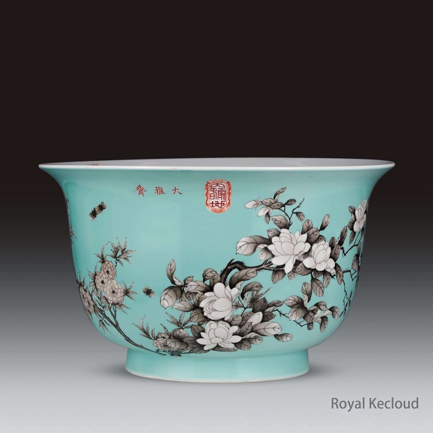 Royal Ceramic Jardinière featuring a turquoise ground and intricate floral designs, inspired by the Qing Dynasty.
