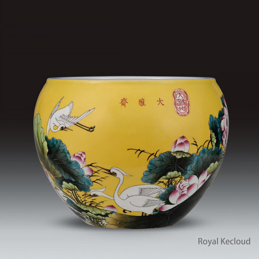 Royal Porcelain Jardinière | Qing Dynasty Guangxu | Yellow-Ground ‘Lotus and Egrets’