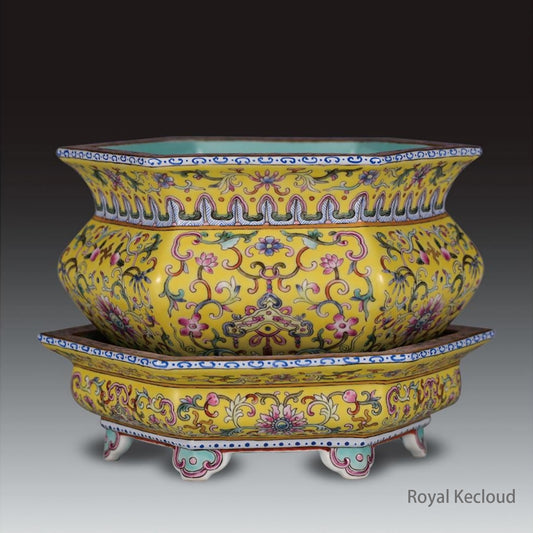 Royal Porcelain Jardinière and Stand | Qing Dynasty Qianlong | Yellow-Ground Famille Rose ‘Lotus’ Hexagonal