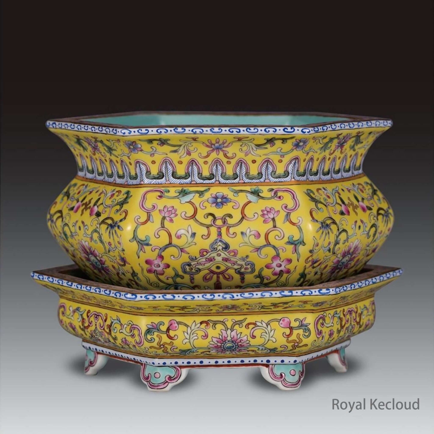 Royal Porcelain Jardinière featuring a vibrant yellow ground and floral designs in Famille Rose style.