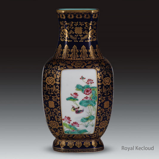 Royal Porcelain Vase | Qing Dynasty | Blue-Glazed Gold-Gilted Square Vase with Famille Rose Landscape Panel