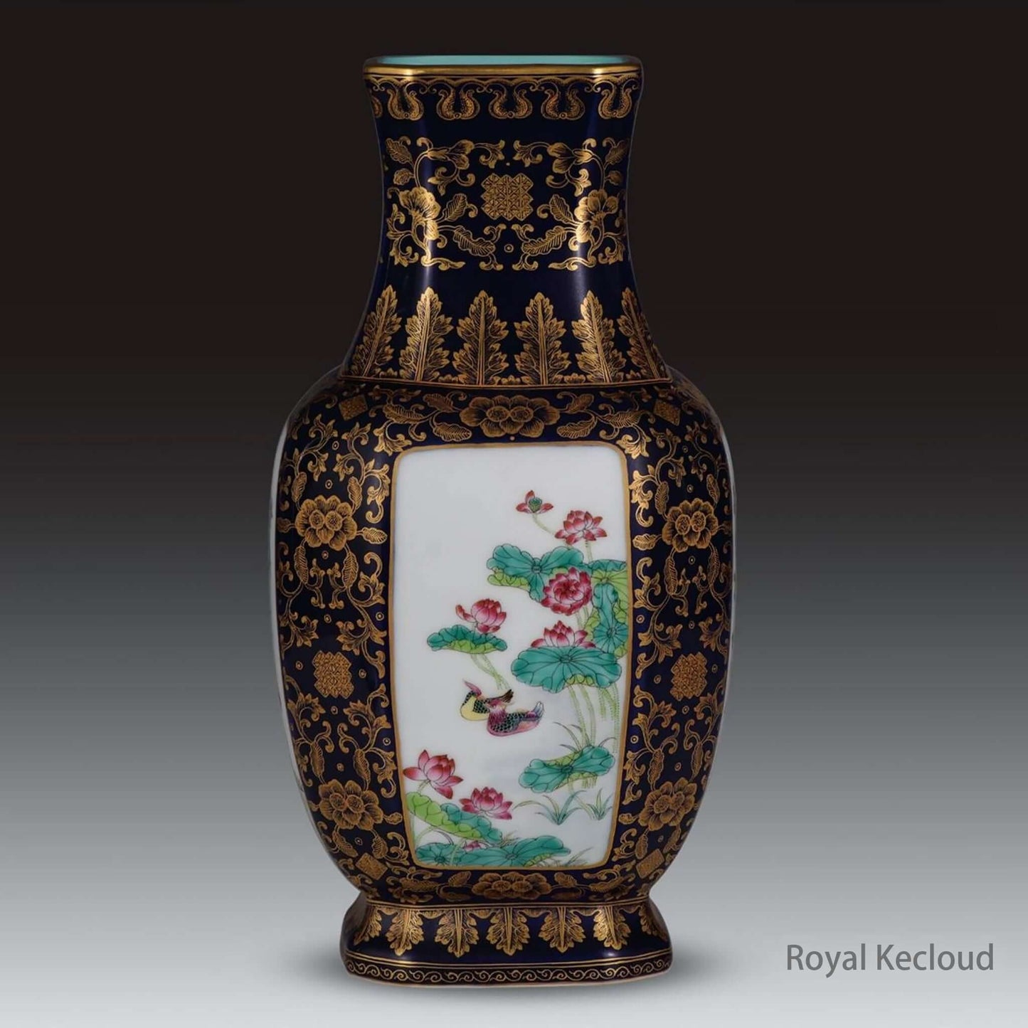 Square Porcelain Vase featuring Famille Rose Gold Gilted design and rich cobalt-blue glaze from Imperial Porcelains.